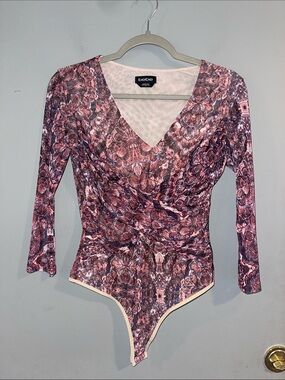 bebe Pink Floral Print V-Neck Long Sleeve Bodysuit Size S